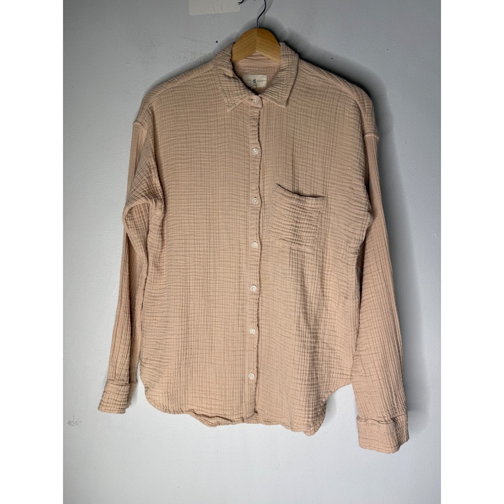 Lou & Grey Women Blush Tan 100% Cotton Double Gauze Button Down Shirt XS